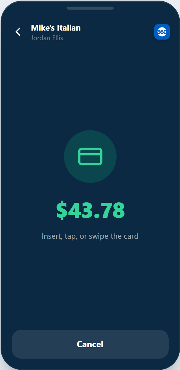 The reader screen showing the amount and Insert, tap, or swipe the card