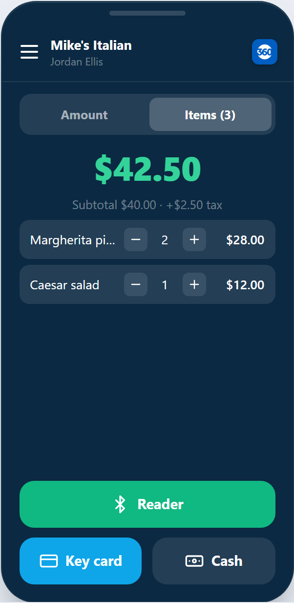 The Items tab with a cart and a green Reader button above Key card and Cash