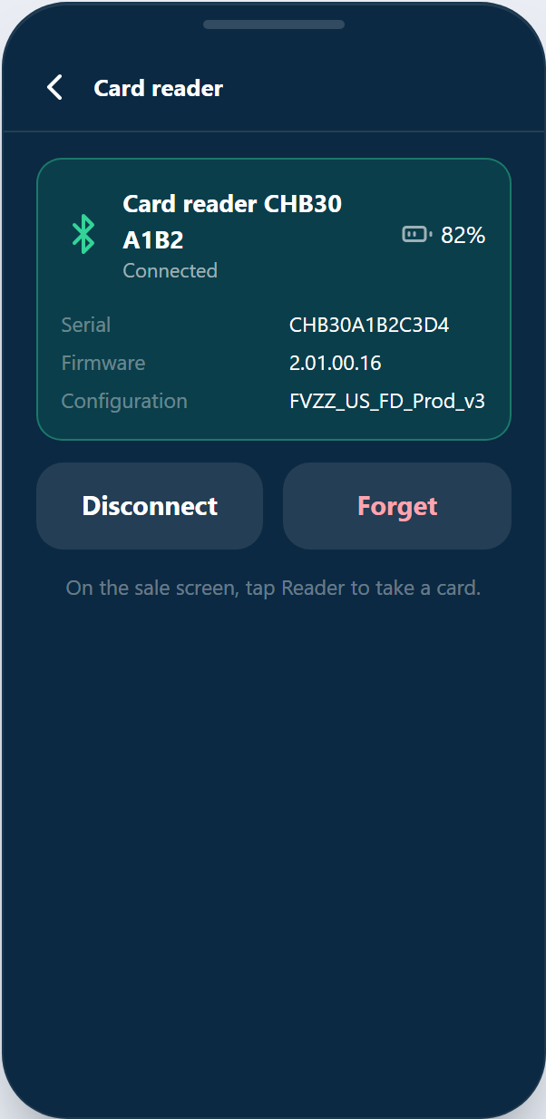 The Card reader screen showing a connected reader with battery, serial, and firmware