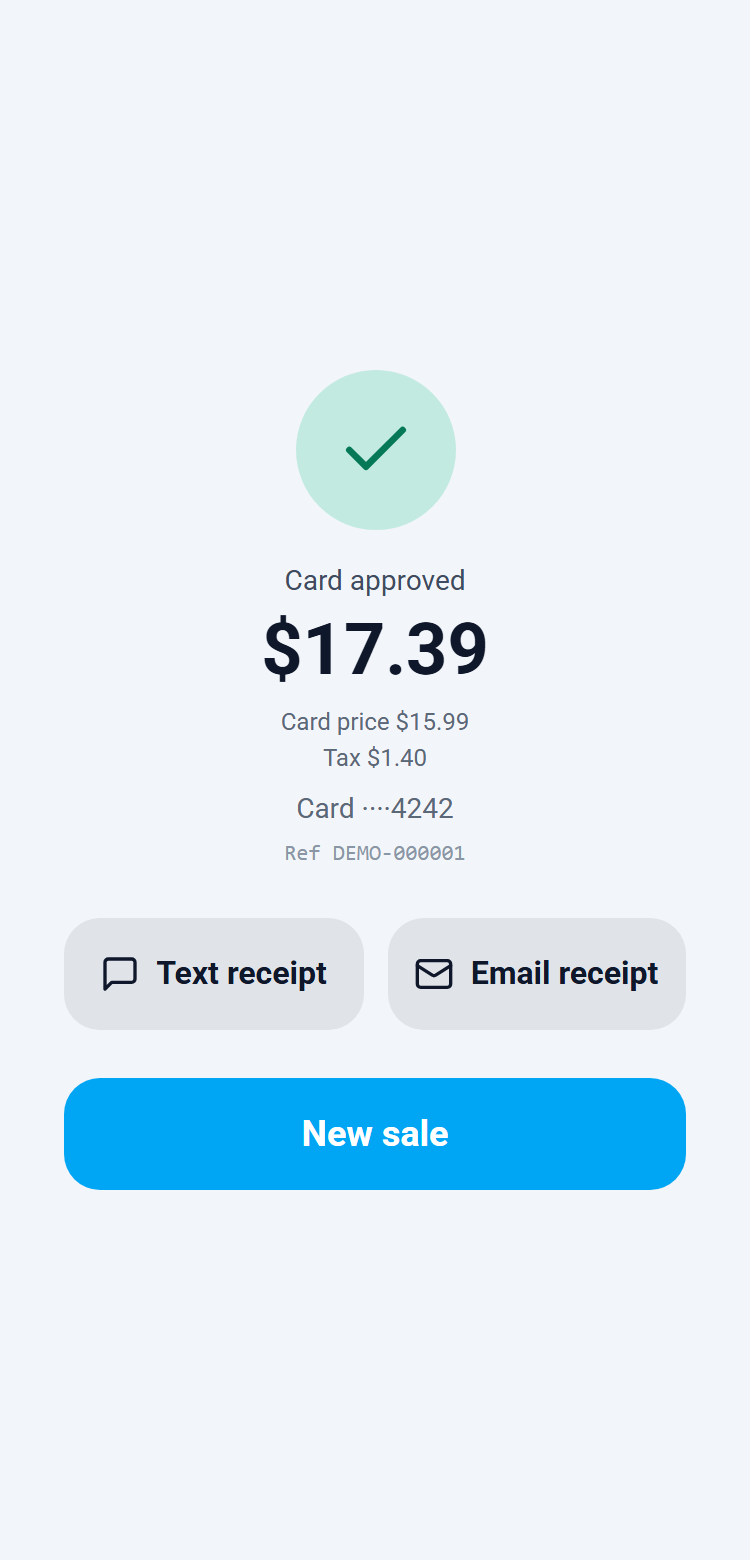 The approved screen with Text and Email receipt buttons