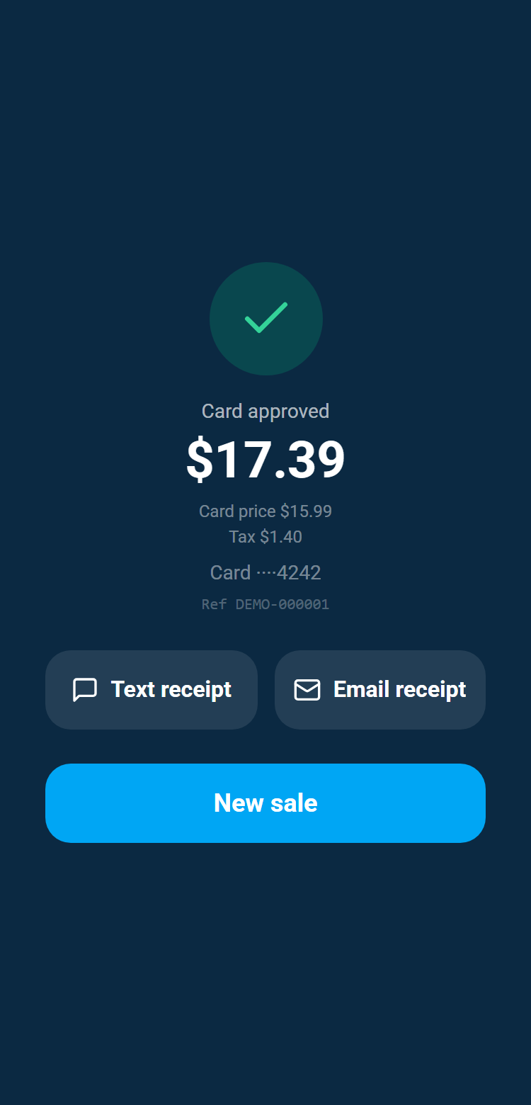The approved screen with Text and Email receipt buttons