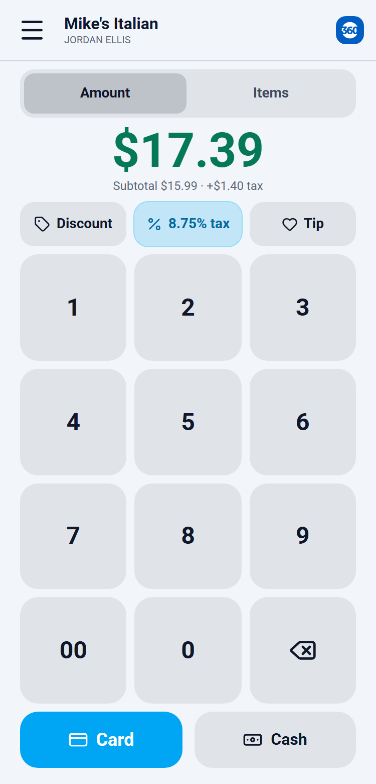 Merchant360 mobile terminal sale screen