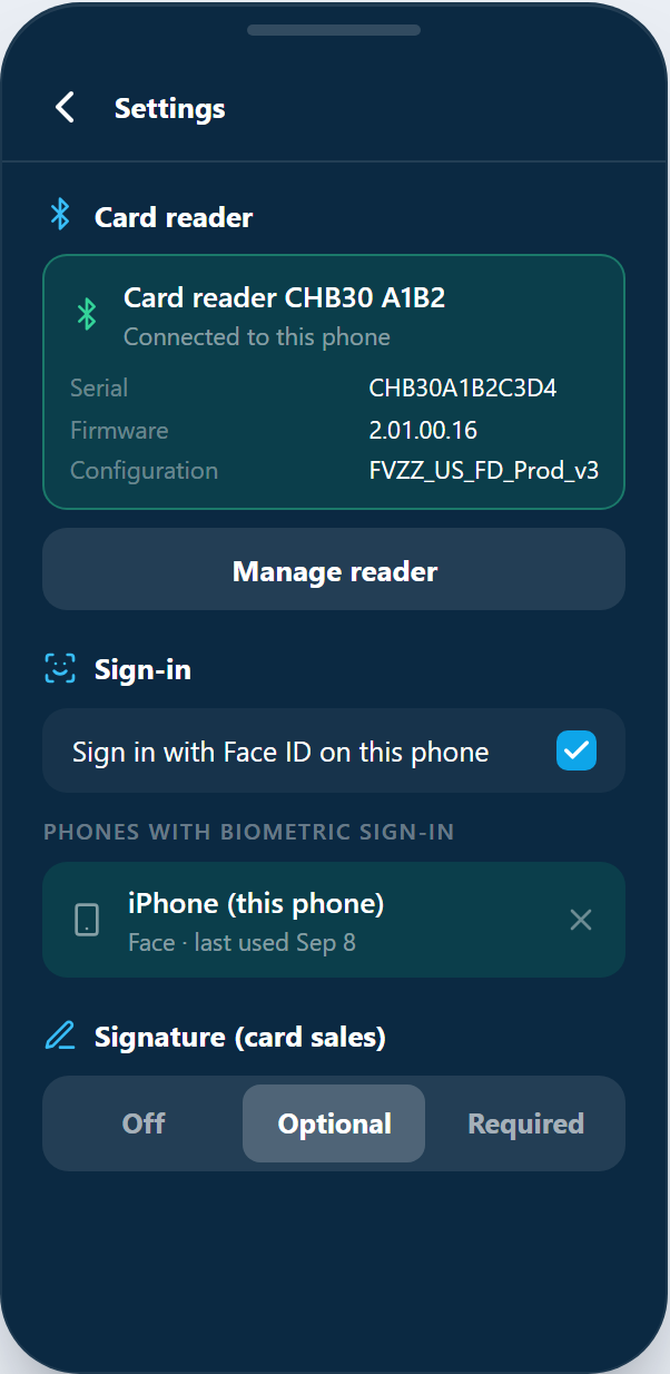 The Card reader and Sign-in sections of terminal settings