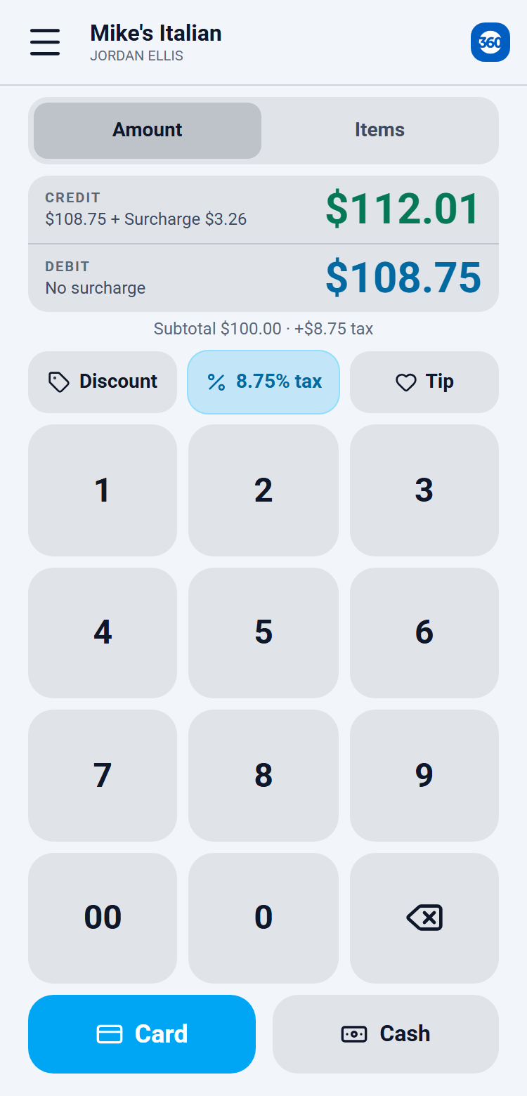 The sale screen with a surcharge program: a Credit total with the Surcharge itemized and a Debit total with nothing added