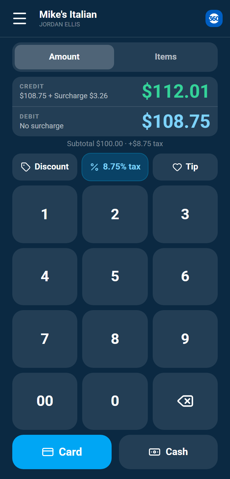 The sale screen with a surcharge program: a Credit total with the Surcharge itemized and a Debit total with nothing added