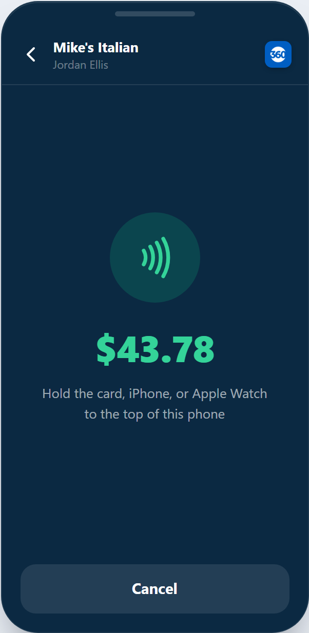 The Tap to Pay screen waiting for a contactless card