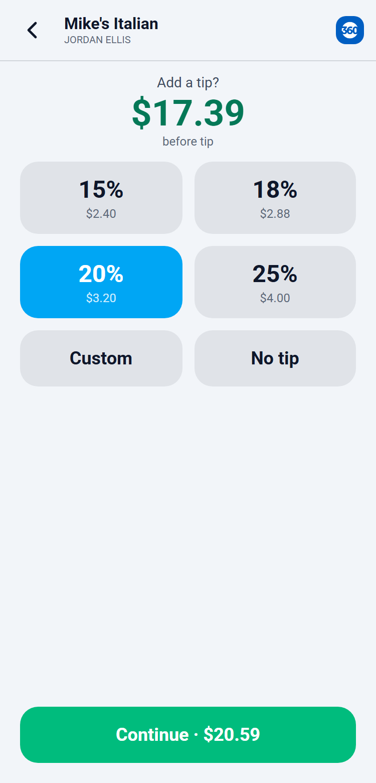 The customer tip screen with percent buttons, Custom, No tip, and Continue