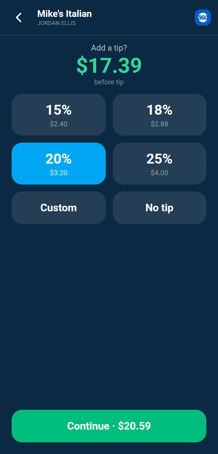 The customer tip screen with percent buttons, Custom, No tip, and Continue