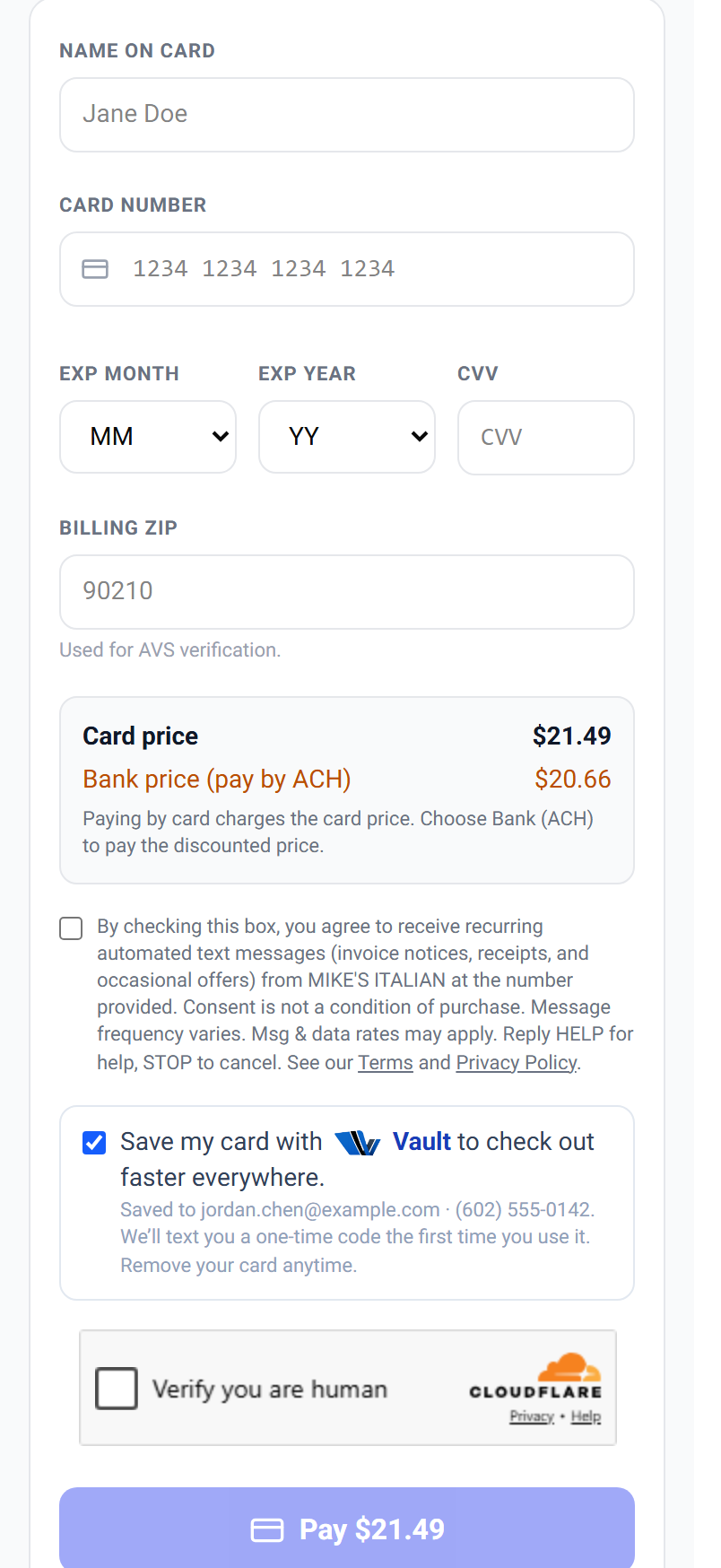 The Save my card with Vault consent checkbox on the card form