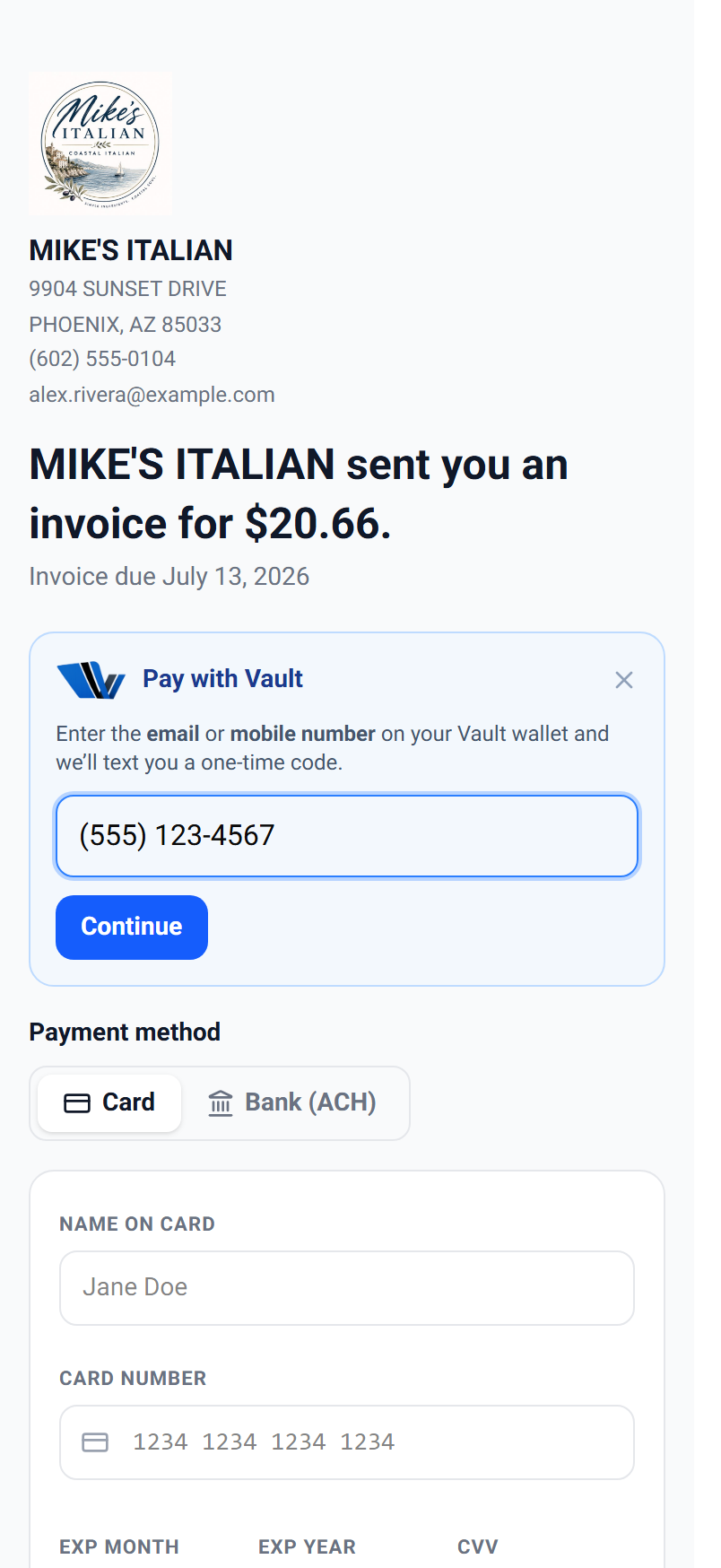 The expanded Pay with Vault bar asking for an email or mobile number