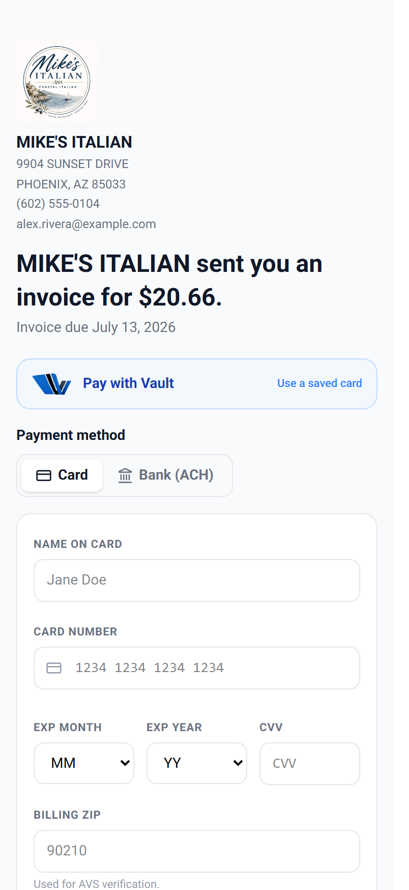 The Pay with Vault bar at the top of an invoice pay page