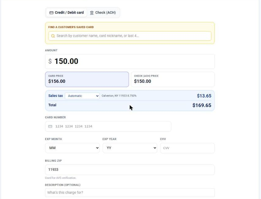Virtual terminal card sale
