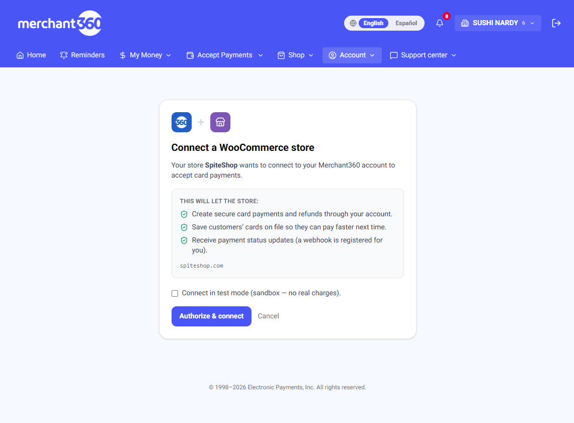 The Connect with Merchant360 button on the plugin settings