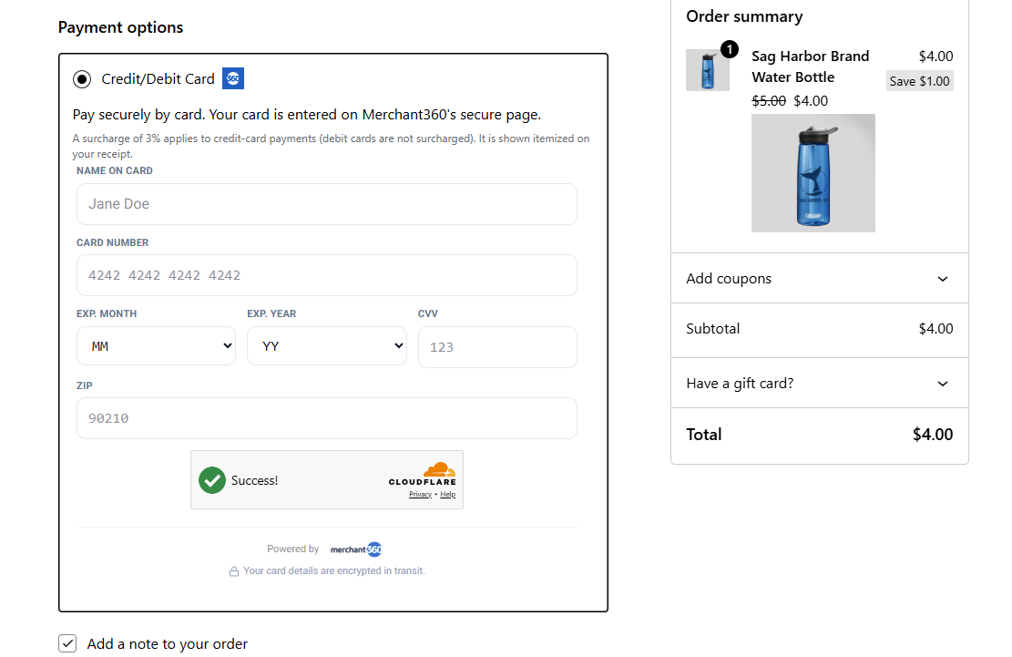 Inline card fields shown inside the WooCommerce checkout