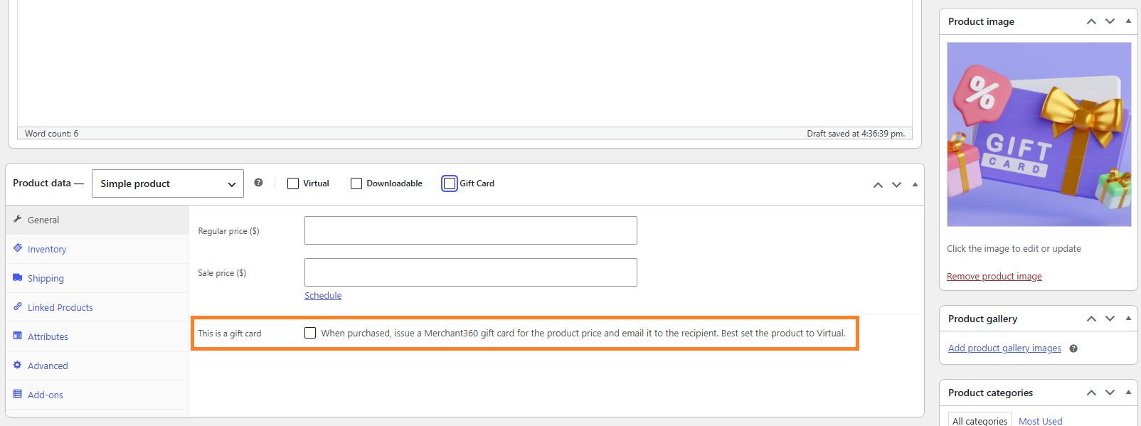 The “This is a gift card” checkbox on a WooCommerce product's Product data panel