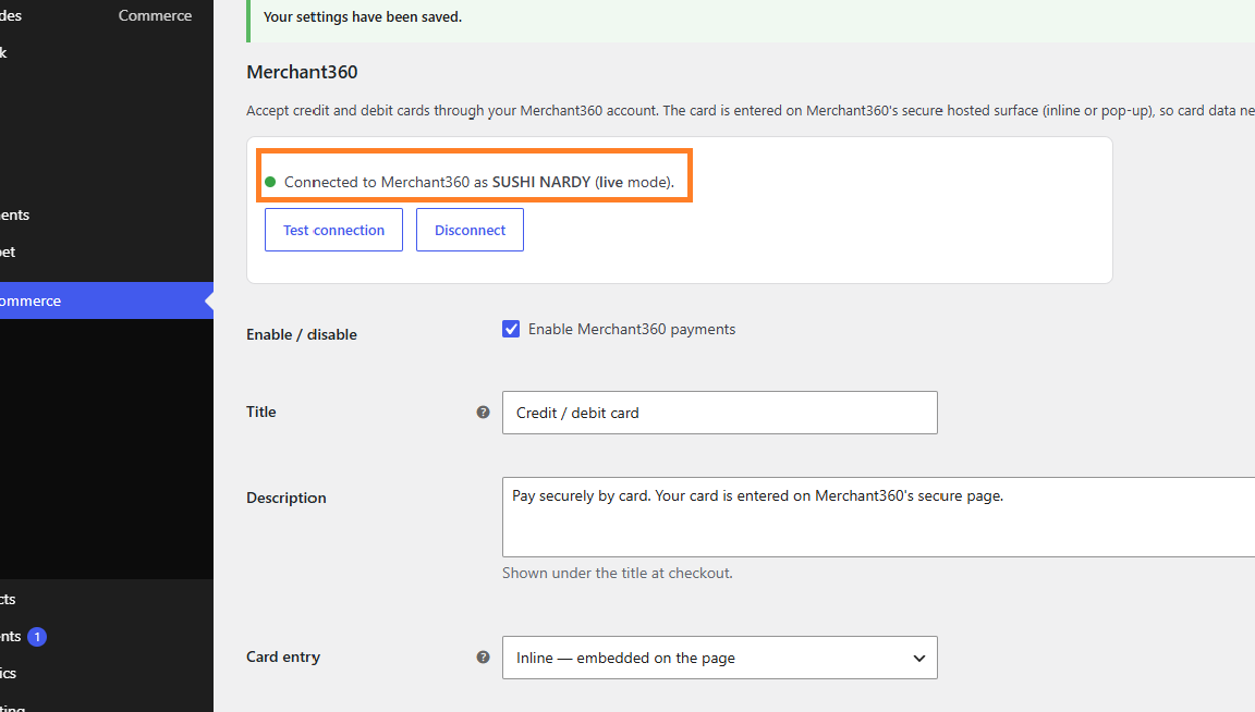 Connected Merchant360 settings with Test connection button