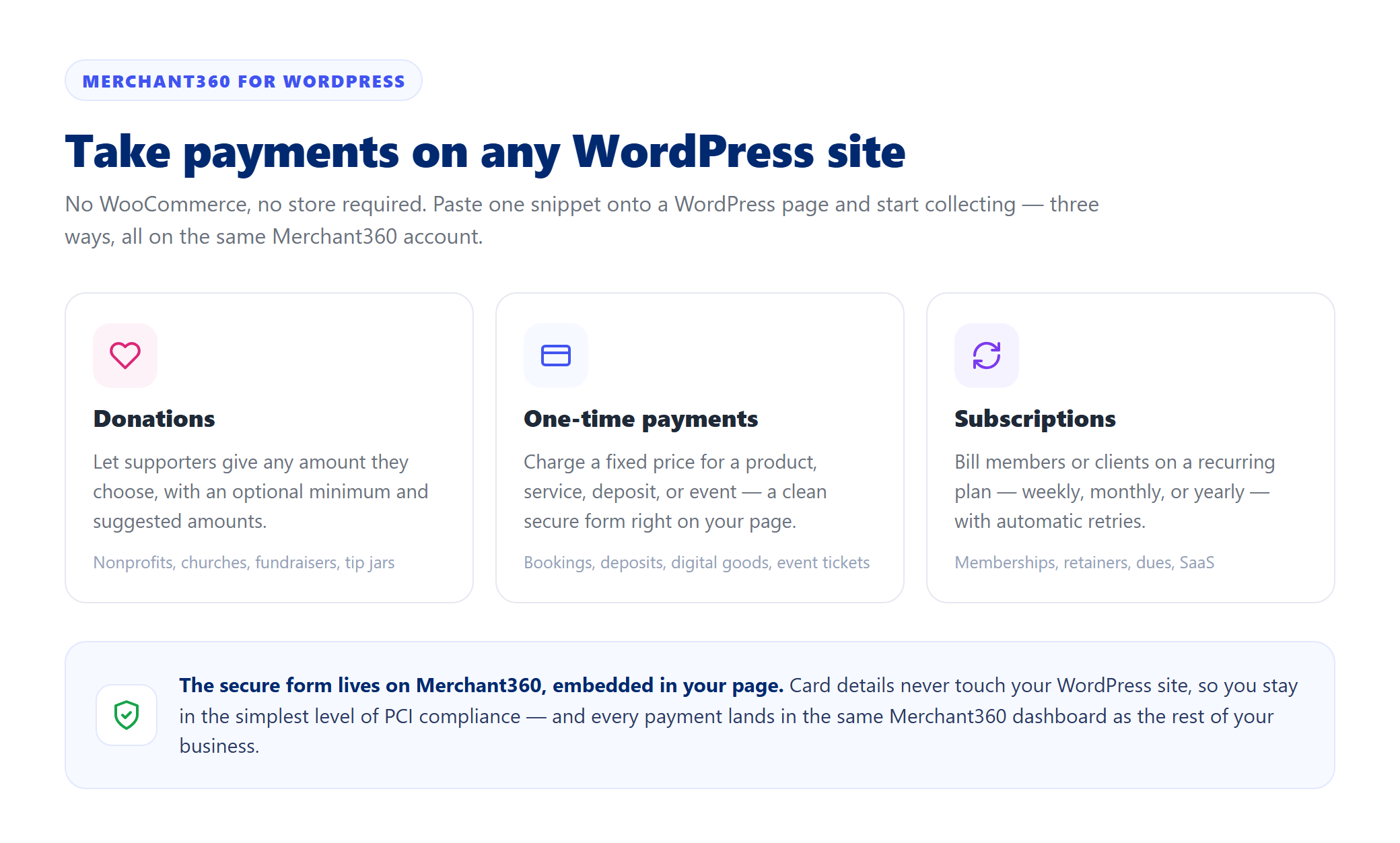 Merchant360 for WordPress – donations, one-time payments, and subscriptions on any WordPress site